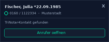 FiF Anrufmonitor Popup bei TriNotar mit gefundenem Kontakt