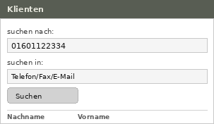 TriNotar Klientensuche, automatisch nach der Rufnummer des Anrufers gefüllt